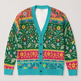 Colorful Floral Folk Blooms For Cheerful Everyday Layering And Youthful Wardrobe Style All-over Print Knitted Cardigan
