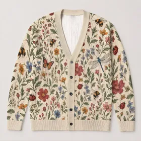 Botanical Wildflower And Insect Motifs For Everyday Layering, Cottagecore Style Women All-over Print Knitted Cardigan