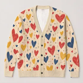 Hand-Drawn Heart Motifs for Everyday Layering, Weekend Outings, and Sweet Gift Style All-over Print Knitted Cardigan