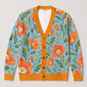 Orange Poppy Floral Casual Layering Style for Daily Commute and Weekend Wear Women All-over Print Knitted Cardigan