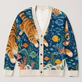 Diving Cat With Colorful Fish For Ocean Lovers, Casual Coastal Everyday Layering All-over Print Knitted Cardigan