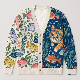 Diving Cat And Colorful Fish For Casual Coastal Layering Women’s Everyday Outfits All-over Print Knitted Cardigan