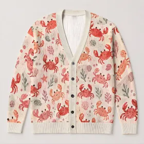 Cute Pink and Red Crabs for Coastal Summer Layering and Relaxed Weekend Style for Women All-over Print Knitted Cardigan