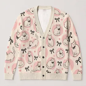 Whimsical Cat Bows And Pink Hearts For Cozy Everyday Layering, Women's Gift Idea For Her All-over Print Knitted Cardigan