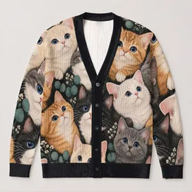 Whimsical Cat Face Collection for Cozy Everyday Layering and Casual Weekend Outings All-over Print Knitted Cardigan