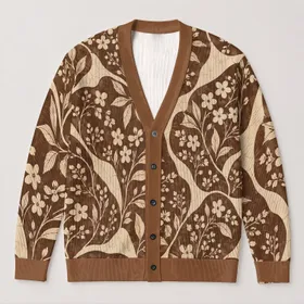 Vintage Brown Cream Floral Patchwork for Casual Layering and Everyday Womens Style All-over Print Knitted Cardigan