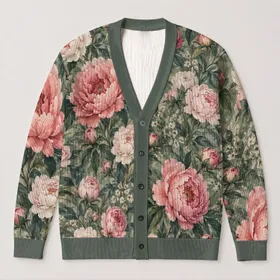 Blush Peony Florals for Relaxed Everyday Layering, Feminine Streetwear for Women All-over Print Knitted Cardigan