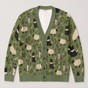 Black And White Sheep With Gray Dog Motifs For Cozy Autumn Weekend Layering, Animal Lovers All-over Print Knitted Cardigan
