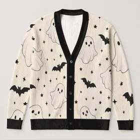 Ghosts And Bats Under A Starry Night For Cozy Autumn Gatherings And Halloween Fans All-over Print Knitted Cardigan
