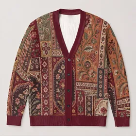 Burgundy Bohemian Patchwork Motifs for Relaxed Everyday Layering and Weekend Style for Women All-over Print Knitted Cardigan
