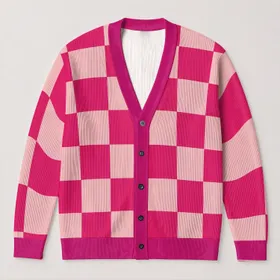 Pink White Checkerboard Blocks For Casual Street Style And Fall Layering For Women All-over Print Knitted Cardigan