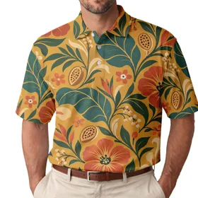 Retro 1970s Botanical Motifs for Sunny Golf Days, Resort Weekends, and Vacations Men's Polo Shirt