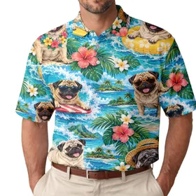 Pug Tropical Beach Scenes for Resort Days, Sunny Vacations, and Playful Dog Lovers Men's Polo Shirt