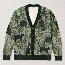 Black Cat Woodland Foliage For Cozy Everyday Layering And Nature Loving Women Gift All-over Print Knitted Cardigan