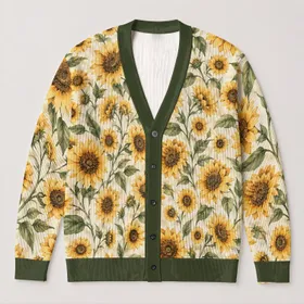 Sunflower and Greenery Motif for Casual Bohemian Weekend Layering, Everyday Women’s Style All-over Print Knitted Cardigan