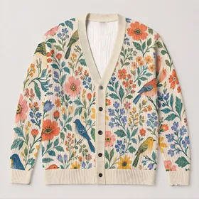 Pastel Wildflower And Bird Motifs For Cheerful Spring Layering And Everyday Style All-over Print Knitted Cardigan