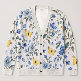 Blue Wildflowers And Golden Butterflies For Autumn Vacation And Everyday Layering All-over Print Knitted Cardigan