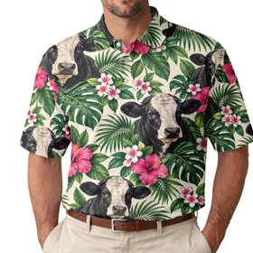 Black Hereford Cattle And Hibiscus For Tropical Ranch Style And Summer Getaways Men's Polo Shirt
