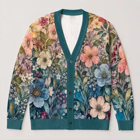 Colorful Hand-Drawn Floral Blooms for Relaxed Bohemian Layering and Everyday Style All-over Print Knitted Cardigan