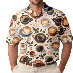 Coffee Cup Motifs for Golf Outings and Café Days, A Cheerful Gift for Coffee Lovers Men's Polo Shirt