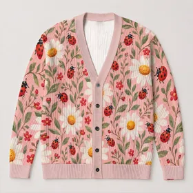 Daisy Ladybug Floral Style for Casual Everyday Layering, Women's Bohemian Wardrobe All-over Print Knitted Cardigan
