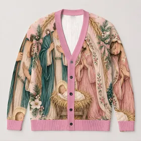 Pink Nativity Scene with Mary, Joseph and Baby Jesus for Christian Christmas Celebrations All-over Print Knitted Cardigan