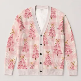 Pastel Pink Christmas Tree Bow Holiday Style For Women, Cozy Seasonal Outfit Wear All-over Print Knitted Cardigan