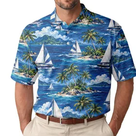 Blue Sailboat Ocean Palms for Coastal Golf and Resort Days, Women's Nautical Style Men's Polo Shirt