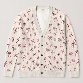 Burgundy Bow Motif For Chic Everyday Layering And Feminine Fall Style For Women All-over Print Knitted Cardigan