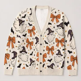Autumn Ghosts And Orange Bows For Halloween Gatherings And Cozy Everyday Layering All-over Print Knitted Cardigan