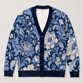 Navy Blue Baroque Florals for Elegant Spring Layering and Everyday Sophisticated Style All-over Print Knitted Cardigan