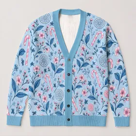 Pink Citrus, Candy Canes And Blue Leaves For Whimsical Seasonal Everyday Style For Women All-over Print Knitted Cardigan