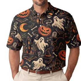 Halloween Ghost Pumpkin Motif for Spooky Fall Parties and Festive Golf Days for Men Men's Polo Shirt