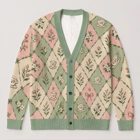 Mint Sage Floral Tea Cup Bow Motif For Cozy Autumn Vacations And Date Nights Women All-over Print Knitted Cardigan