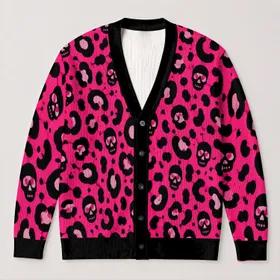 Black Skull And Leopard Spots For Edgy Everyday Layering, Women's Autumn Style Look All-over Print Knitted Cardigan