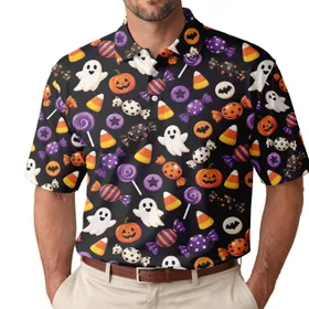 Halloween Candy Corn Ghosts for Spooky Fall Parties and Autumn Golf Days for Adults Men's Polo Shirt