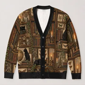Black Cat Bookshelf Vintage Academic Style For Autumn Reading And Casual Layering All-over Print Knitted Cardigan