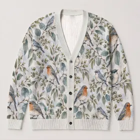 Robin Bird Woodland Foliage for Cozy Everyday Layering and Nature-Lover Weekend Style All-over Print Knitted Cardigan
