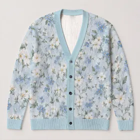 Pale Blue Wildflower Blooms for Soft Spring Layering and Everyday Casual Outfits All-over Print Knitted Cardigan