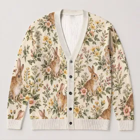 Watercolor Rabbit Wildflower Meadow for Spring Cottagecore Layering Gifts for Women All-over Print Knitted Cardigan