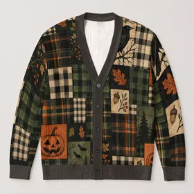 Halloween Raven Moon Pumpkin Patchwork for Spooky Season Gifts and Autumn Style All-over Print Knitted Cardigan