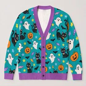 Halloween Pumpkin Ghost Cat Spooky Autumn Style for Fall Celebrations and Parties All-over Print Knitted Cardigan