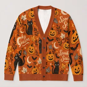 Spooky Season Black Cats and Pumpkins for Cozy Autumn Halloween Layering, Women All-over Print Knitted Cardigan