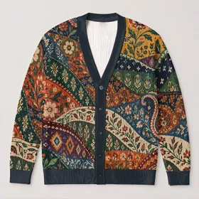 Multicolor Patchwork Motifs for Creative Everyday Layering and Weekend Outfits for Youth All-over Print Knitted Cardigan