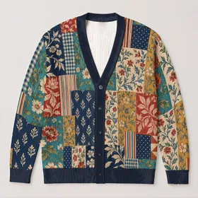 Bohemian Floral Patchwork Blooms for Relaxed Weekend Layering and Everyday Outfits All-over Print Knitted Cardigan