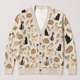 Cats And Dogs With Sage Botanicals For Cozy Everyday Animal Lover Style All-over Print Knitted Cardigan