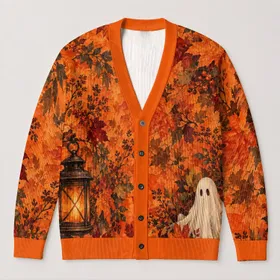 Autumn Lantern And Friendly Ghost For Halloween Gatherings And Cozy Fall Days Outdoors All-over Print Knitted Cardigan