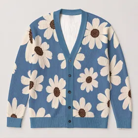 Ivory Daisy Floral Motif for Cozy Autumn Layering and Everyday Casual Style All-over Print Knitted Cardigan