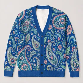 Blue Paisley Motifs for Colorful Autumn Layering and Everyday Bohemian Style All-over Print Knitted Cardigan