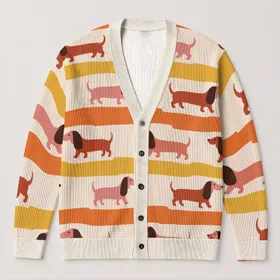 Playful Dachshund Dogs and Autumn Color Bands for Cozy Everyday Layering Style Wear All-over Print Knitted Cardigan